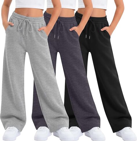3 Pack Girls' Sweatpants Wide Leg Drawstring Athletic Pants Kids Elastic Waist Baggy Casual Joggers with Pockets in Saudi Arabia