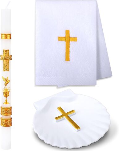 Lyrow 3 Pcs Baptism Candle Set for Boys and Girls Baptism Kit Include Baptismal Candle, Towel, Shell for Kids Christenings Favor(Gold) in Saudi Arabia