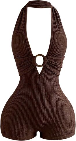 Milumia Women's Sexy Deep V Neck Halter Romper Textured Backless Sleeveless Bodycon Short Jumpsuits in Saudi Arabia