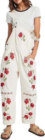 Kedera Floral Denim Overalls for Women Loose Fit Embroidered Jean Denim Bib Jumpsuit Barrel Pants Overall with Pockets in Saudi Arabia