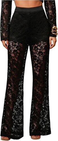 Women's Lace Mesh See Through Flare Pants High Waisted Bell Bottoms Elegant Pants in Kuwait
