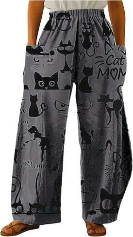 SOLY HUX Women's Graphic Wide Leg Pants Cat Print Elastic Waist Baggy Lounge Pants Casual Trousers in Kuwait
