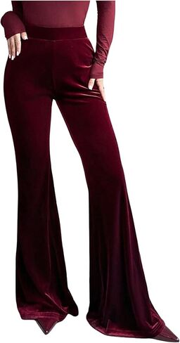 SOLY HUX Women's Velvet Flare Pants Elastic High Waisted Bell Bottom Pants Casual Trousers in Kuwait