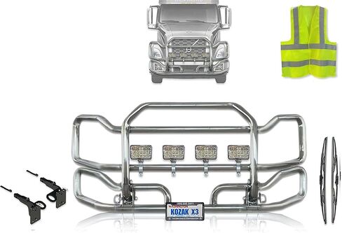 Front Grille Deer Moose Brush Bumper Guard Large Compatible with Volvo VNL 2018 and newer PLUS Bracket, Logo with Stripe, 4x 6" LED Headlights, Wipers, License Plate Holder and Frame, Vest in Kuwait