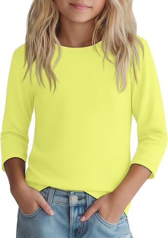 Girls 3/4 Sleeve T Shirt Crewneck Kids Elbow Sleeve Top Solid Casual Basic Cute Teen Tee 5-14Y in Kuwait