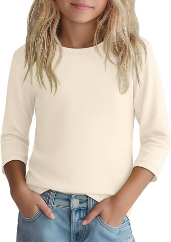 Girls 3/4 Sleeve T Shirt Crewneck Kids Elbow Sleeve Top Solid Casual Basic Cute Teen Tee 5-14Y in Kuwait