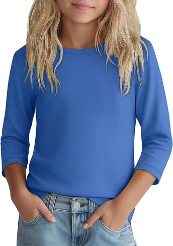 Girls 3/4 Sleeve T Shirt Crewneck Kids Elbow Sleeve Top Solid Casual Basic Cute Teen Tee 5-14Y in Kuwait