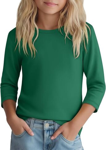 Girls 3/4 Sleeve T Shirt Crewneck Kids Elbow Sleeve Top Solid Casual Basic Cute Teen Tee 5-14Y in Kuwait