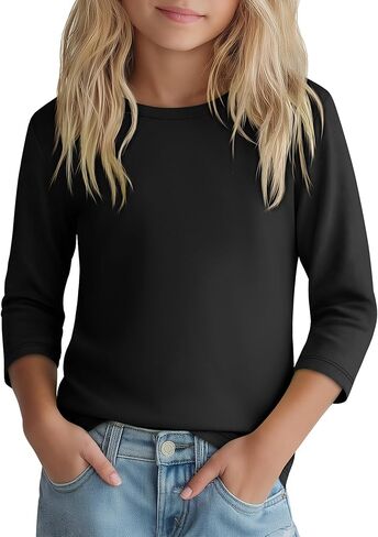Girls 3/4 Sleeve T Shirt Crewneck Kids Elbow Sleeve Top Solid Casual Basic Cute Teen Tee 5-14Y in Kuwait