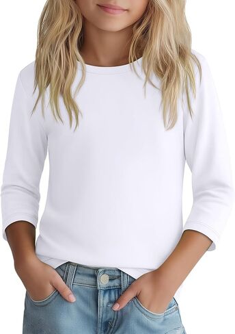 Girls 3/4 Sleeve T Shirt Crewneck Kids Elbow Sleeve Top Solid Casual Basic Cute Teen Tee 5-14Y in Kuwait