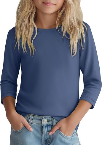 Girls 3/4 Sleeve T Shirt Crewneck Kids Elbow Sleeve Top Solid Casual Basic Cute Teen Tee 5-14Y in Kuwait