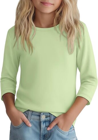 Girls 3/4 Sleeve T Shirt Crewneck Kids Elbow Sleeve Top Solid Casual Basic Cute Teen Tee 5-14Y in Kuwait