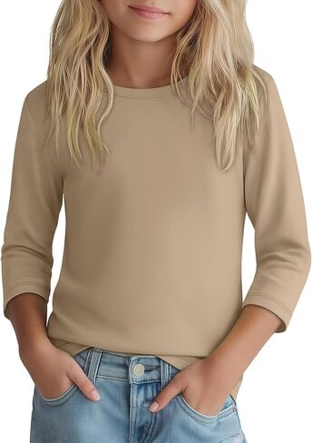 Girls 3/4 Sleeve T Shirt Crewneck Kids Elbow Sleeve Top Solid Casual Basic Cute Teen Tee 5-14Y in Kuwait