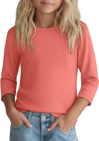 Girls 3/4 Sleeve T Shirt Crewneck Kids Elbow Sleeve Top Solid Casual Basic Cute Teen Tee 5-14Y in Kuwait