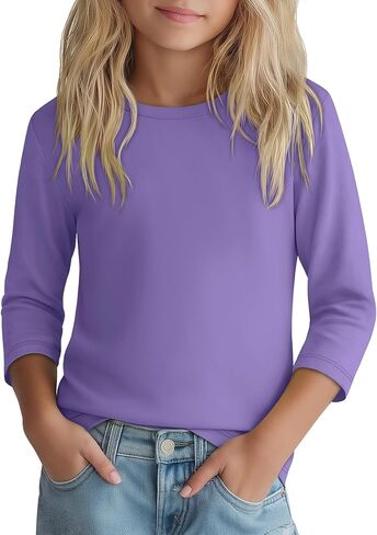 Girls 3/4 Sleeve T Shirt Crewneck Kids Elbow Sleeve Top Solid Casual Basic Cute Teen Tee 5-14Y in Kuwait