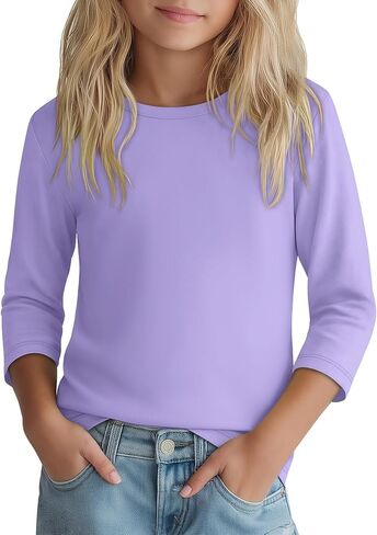 Girls 3/4 Sleeve T Shirt Crewneck Kids Elbow Sleeve Top Solid Casual Basic Cute Teen Tee 5-14Y in Kuwait