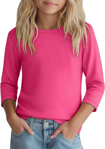 Girls 3/4 Sleeve T Shirt Crewneck Kids Elbow Sleeve Top Solid Casual Basic Cute Teen Tee 5-14Y in Kuwait