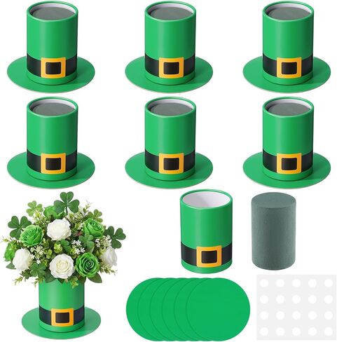 Remerry 6 Set 5 Inch St. Patrick's Day Hat Vase Table Centerpiece Green High Top Hat Buckle Round Flower Box with Paper Removable Foam Green Vase for Irish Wedding Holder Kitchen Home Party Decoration in Saudi Arabia