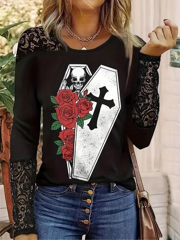 Women's Gothic Coffin & Skull Print Lace Sleeve Top Red Rose Cross Graphic Long Sleeve Blouse in Saudi Arabia