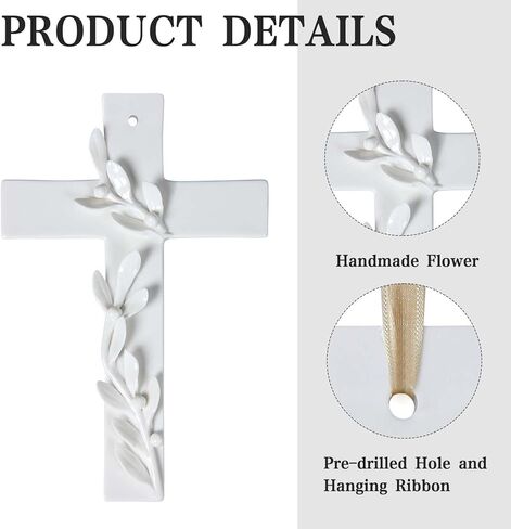 Iryanthos Ceramic Wall Cross, White Handmade Floral Decorative Cross for Wall, Christian Crosses Decor for Home, Wedding, Farmhouse, Shelf & Entryway (9.45" * 6.3" * 0.6") in Saudi Arabia