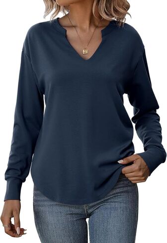 Totatuit بلوزات للنساء الخامس الرقبة قمصان طويلة الأكمام فضفاضة خفيفة الوزن منحني هيم بلوزة كاجوال بلايز 2025 خريف البحرية X-Large in Kuwait