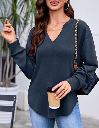 Totatuit بلوزات للنساء الخامس الرقبة قمصان طويلة الأكمام فضفاضة خفيفة الوزن منحني هيم بلوزة كاجوال بلايز 2025 خريف البحرية X-Large in Kuwait