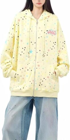 Y2K Star Zip Up Hoodie Women Oversized Graphic Sweatshirt Aesthetic Grunge Harajuku Jacket with Pockets in Saudi Arabia