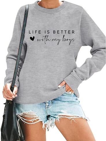 Life is Better with My Boys Sweatshirt for Women Boy Mom Letter Print Graphic Pullover Mom Life Casual Crewneck Tops in Saudi Arabia