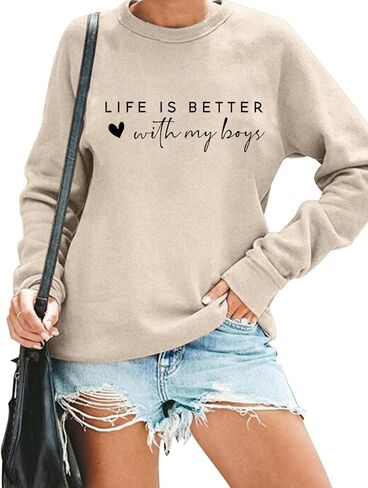 Life is Better with My Boys Sweatshirt for Women Boy Mom Letter Print Graphic Pullover Mom Life Casual Crewneck Tops in Saudi Arabia
