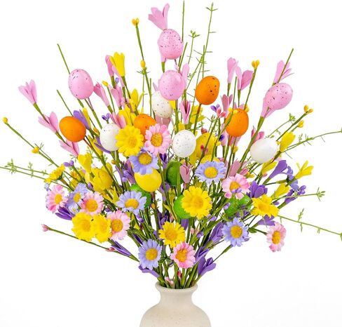 زهور عيد الفصح الاصطناعية من FloralElegance مع البيض، 10 عبوات من زهور عيد الفصح، 17 بوصة زهور فورسيثيا مع بيض ملون لعطلات الربيع، مزهريات، ترتيبات الزهور، القطع المركزية in Kuwait