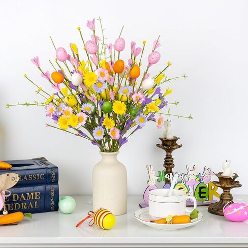 زهور عيد الفصح الاصطناعية من FloralElegance مع البيض، 10 عبوات من زهور عيد الفصح، 17 بوصة زهور فورسيثيا مع بيض ملون لعطلات الربيع، مزهريات، ترتيبات الزهور، القطع المركزية in Kuwait