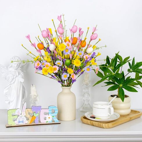 زهور عيد الفصح الاصطناعية من FloralElegance مع البيض، 10 عبوات من زهور عيد الفصح، 17 بوصة زهور فورسيثيا مع بيض ملون لعطلات الربيع، مزهريات، ترتيبات الزهور، القطع المركزية in Kuwait