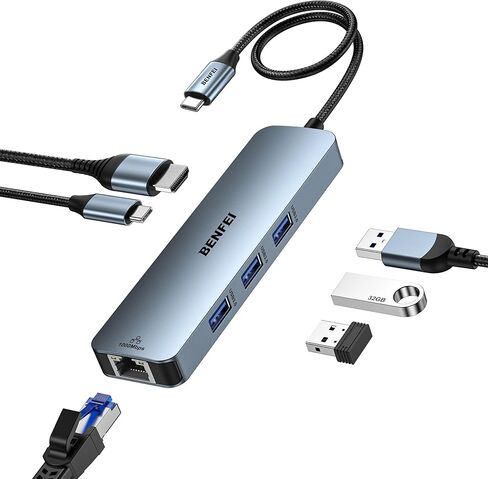 BENFEI USB C HUB 6-in-1 with HDMI(4K@60Hz), Gigabit Ethernet, 100W Power Delivery, 3*USB 3.0, Silicone Cable, Aluminum Case Compatible with iPhone 15 Pro/Max, MacBook, iPad Pro, iMac, S23, XPS17 in Kuwait