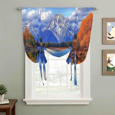Blue Mountain Tie Up Curtains for Window, Modern Art Yellow Forest Lake Thermal Insulated Balloon Shade Adjustable Rod Pocket Curtains Valance Panels for Kitchen Bathroom Café 42'' x 45'' in Saudi Arabia
