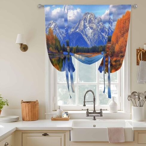 Blue Mountain Tie Up Curtains for Window, Modern Art Yellow Forest Lake Thermal Insulated Balloon Shade Adjustable Rod Pocket Curtains Valance Panels for Kitchen Bathroom Café 42'' x 45'' in Saudi Arabia