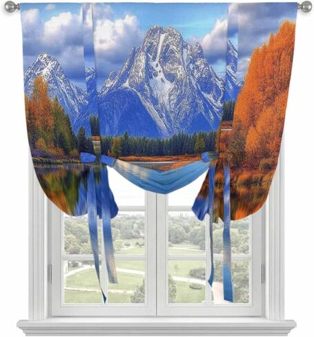 Blue Mountain Tie Up Curtains for Window, Modern Art Yellow Forest Lake Thermal Insulated Balloon Shade Adjustable Rod Pocket Curtains Valance Panels for Kitchen Bathroom Café 42'' x 45'' in Saudi Arabia