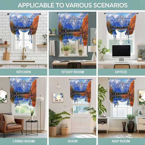 Blue Mountain Tie Up Curtains for Window, Modern Art Yellow Forest Lake Thermal Insulated Balloon Shade Adjustable Rod Pocket Curtains Valance Panels for Kitchen Bathroom Café 42'' x 45'' in Saudi Arabia
