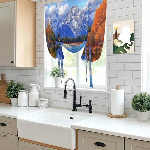 Blue Mountain Tie Up Curtains for Window, Modern Art Yellow Forest Lake Thermal Insulated Balloon Shade Adjustable Rod Pocket Curtains Valance Panels for Kitchen Bathroom Café 42'' x 45'' in Saudi Arabia