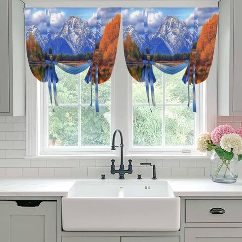 Blue Mountain Tie Up Curtains for Window, Modern Art Yellow Forest Lake Thermal Insulated Balloon Shade Adjustable Rod Pocket Curtains Valance Panels for Kitchen Bathroom Café 42'' x 45'' in Saudi Arabia