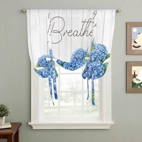 Blue Hydrangeas Floral Tie Up Curtains for Window, Spring Summer Flower Wooden Grain Thermal Insulated Balloon Shade Adjustable Rod Pocket Curtains Valance Panels for Kitchen Bathroom Café 42'' x 63'' in Saudi Arabia