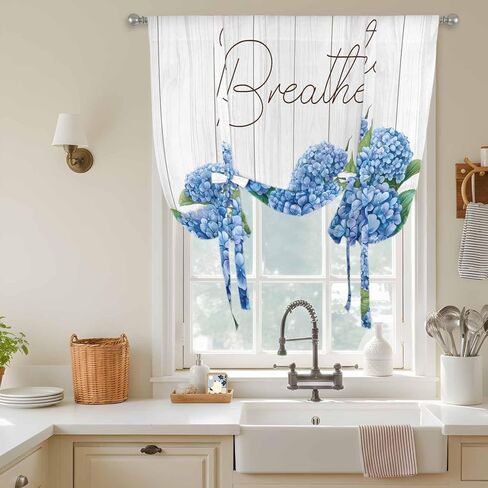 Blue Hydrangeas Floral Tie Up Curtains for Window, Spring Summer Flower Wooden Grain Thermal Insulated Balloon Shade Adjustable Rod Pocket Curtains Valance Panels for Kitchen Bathroom Café 42'' x 63'' in Saudi Arabia