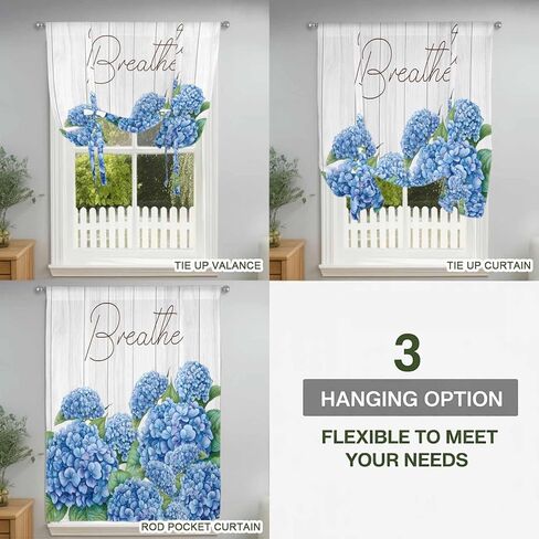 Blue Hydrangeas Floral Tie Up Curtains for Window, Spring Summer Flower Wooden Grain Thermal Insulated Balloon Shade Adjustable Rod Pocket Curtains Valance Panels for Kitchen Bathroom Café 42'' x 63'' in Saudi Arabia