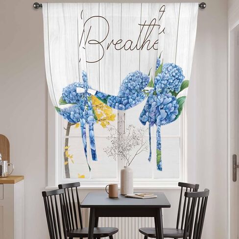 Blue Hydrangeas Floral Tie Up Curtains for Window, Spring Summer Flower Wooden Grain Thermal Insulated Balloon Shade Adjustable Rod Pocket Curtains Valance Panels for Kitchen Bathroom Café 42'' x 63'' in Saudi Arabia