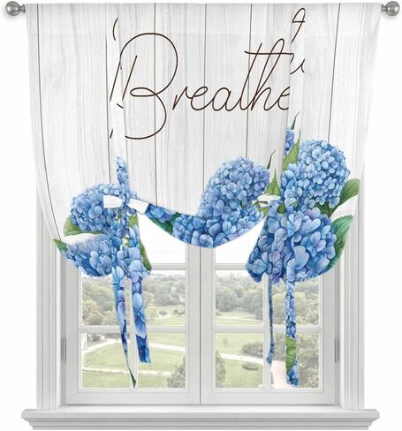 Blue Hydrangeas Floral Tie Up Curtains for Window, Spring Summer Flower Wooden Grain Thermal Insulated Balloon Shade Adjustable Rod Pocket Curtains Valance Panels for Kitchen Bathroom Café 42'' x 63'' in Saudi Arabia