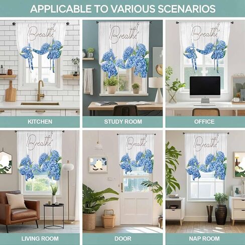 Blue Hydrangeas Floral Tie Up Curtains for Window, Spring Summer Flower Wooden Grain Thermal Insulated Balloon Shade Adjustable Rod Pocket Curtains Valance Panels for Kitchen Bathroom Café 42'' x 63'' in Saudi Arabia