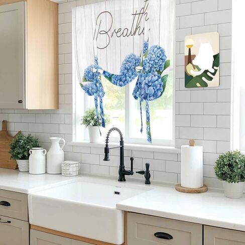 Blue Hydrangeas Floral Tie Up Curtains for Window, Spring Summer Flower Wooden Grain Thermal Insulated Balloon Shade Adjustable Rod Pocket Curtains Valance Panels for Kitchen Bathroom Café 42'' x 63'' in Saudi Arabia