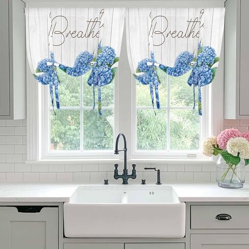 Blue Hydrangeas Floral Tie Up Curtains for Window, Spring Summer Flower Wooden Grain Thermal Insulated Balloon Shade Adjustable Rod Pocket Curtains Valance Panels for Kitchen Bathroom Café 42'' x 63'' in Saudi Arabia