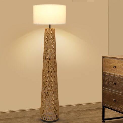 Airposta Boho Rattan Floor Lamp with Linen Shade, Modern Farmhouse Floor Lamps for Living Room, Vintage Standing Lamps Corner Column Lamp, Industrial Tall lamp for Bedroom Office Reading Light in Saudi Arabia