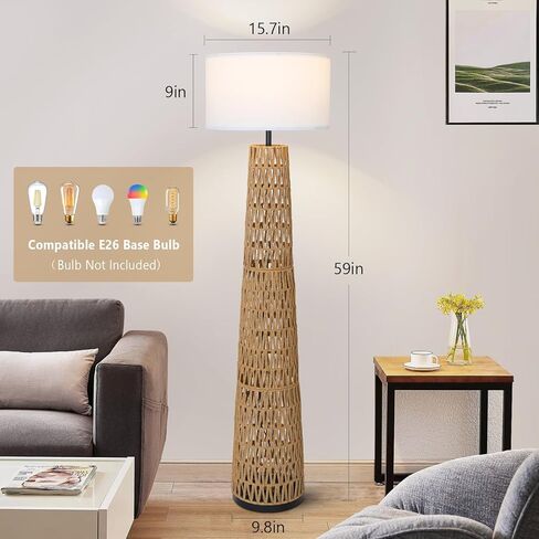 مصباح أرضي من Airposta Boho Rattan مع غطاء من الكتان، مصابيح أرضية المزرعة الحديثة لغرفة المعيشة، مصباح عمودي للمصابيح الدائمة العتيقة، مصباح صناعي طويل القامة لغرفة النوم والمكتب والقراءة in Kuwait