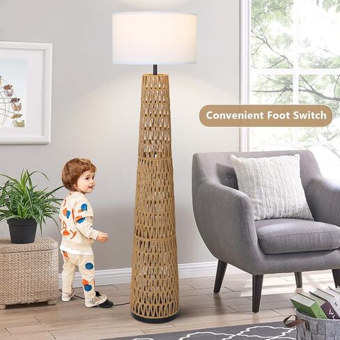 مصباح أرضي من Airposta Boho Rattan مع غطاء من الكتان، مصابيح أرضية المزرعة الحديثة لغرفة المعيشة، مصباح عمودي للمصابيح الدائمة العتيقة، مصباح صناعي طويل القامة لغرفة النوم والمكتب والقراءة in Kuwait